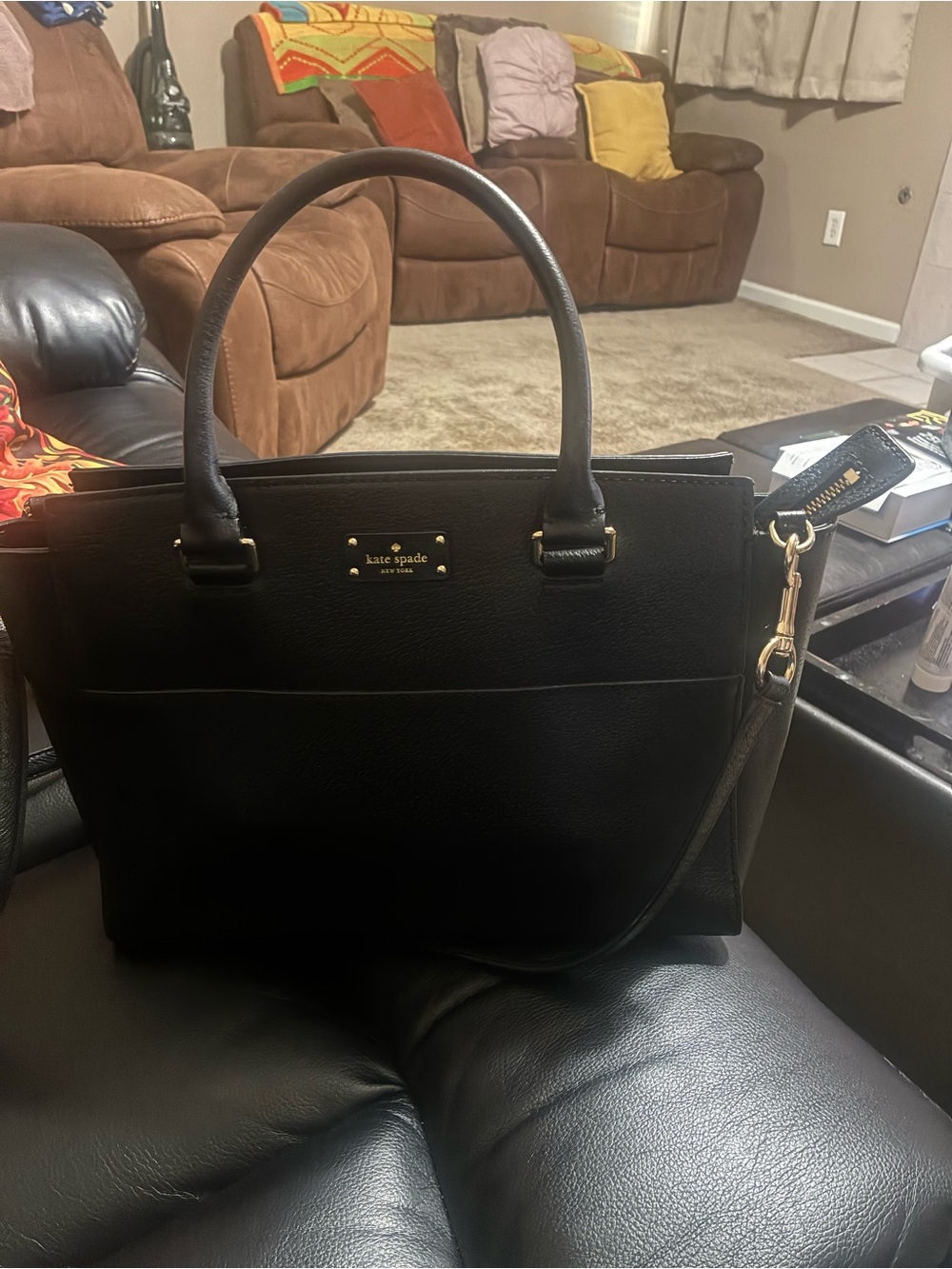 kate spade Black Leather Tote with Gold Hardware